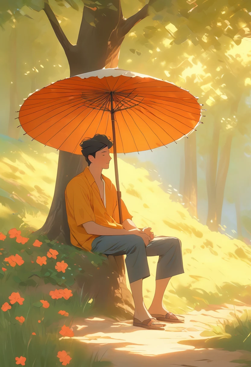 ((Masterpiece)), ((Best Quality)), (Very Detailed), ((Very Detailed)), 4K, (8K), very aesthetic, absurdres highres, In a park, a man rests in the shade of a tree with a floral parasol, relaxing against the heat. His summer clothes are wrinkled and sweat stains are visible. In the background, trees are swaying and a soft light shines through. The whole atmosphere is warm and quiet,
