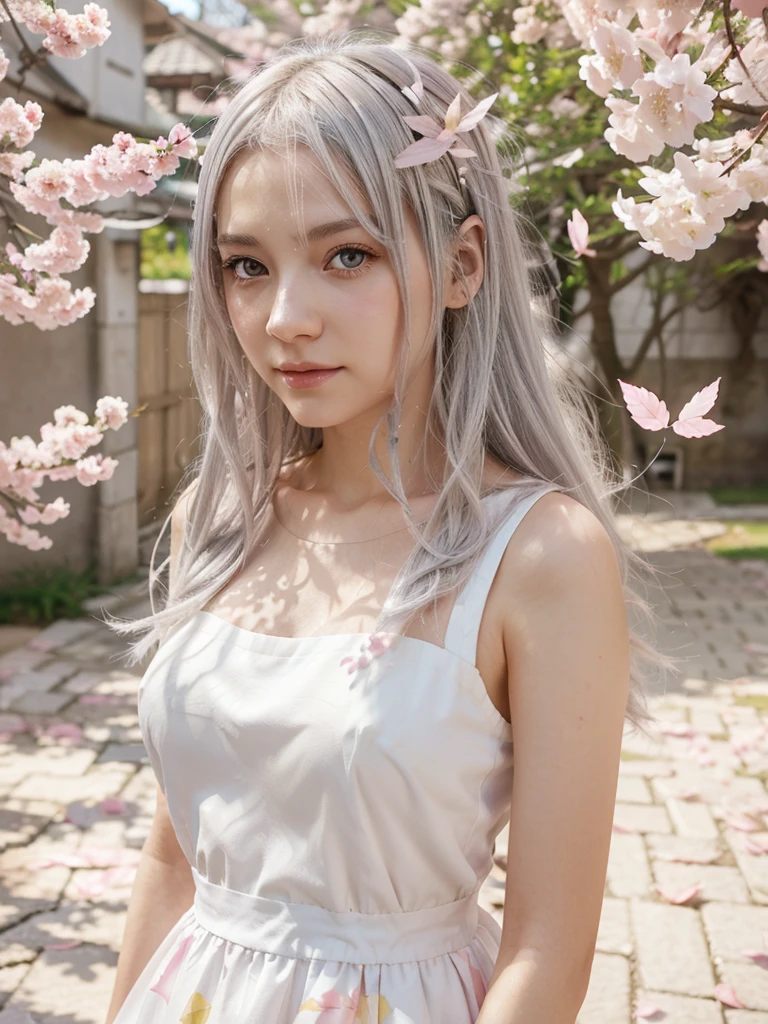 Light silver hair, yellow eyes, pink and white, sakura leafs, vivid colors, white dress, paint splash, simple background, ray tracing, normal hair, anime style 