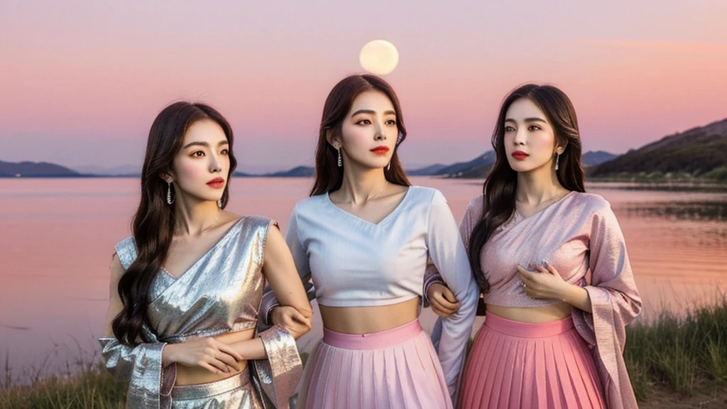 As the sun sets, painting the sky in hues of orange and pink, the moon rises gracefully, casting a silver glow over the serene landscape. Nature's transition unfolds in a harmonious dance of light and shadow.