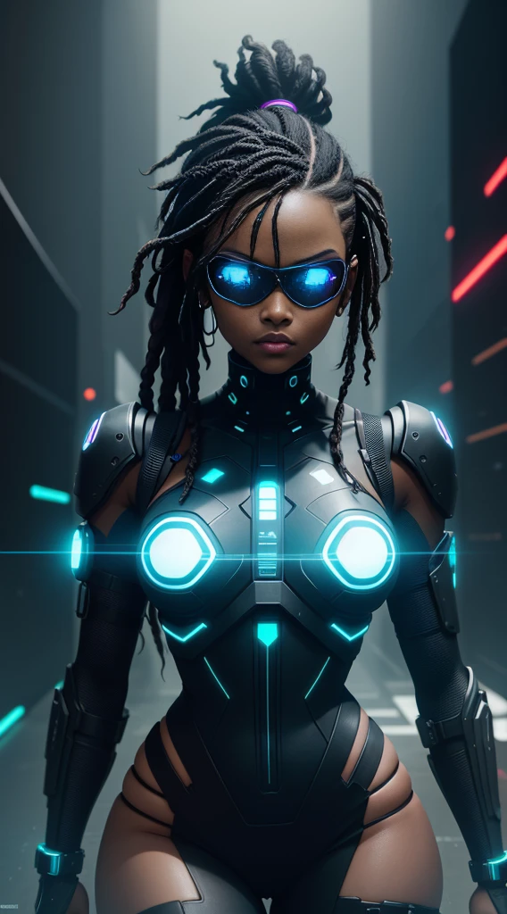Cyberpunk style, ebony avatar, cyberspace, wireframe, matrix, tron, minimal, abstract, virtual reality, black background, neon lights, virtual interface, looking at camera, (ebony), dreads, sexy, thic, vr headset