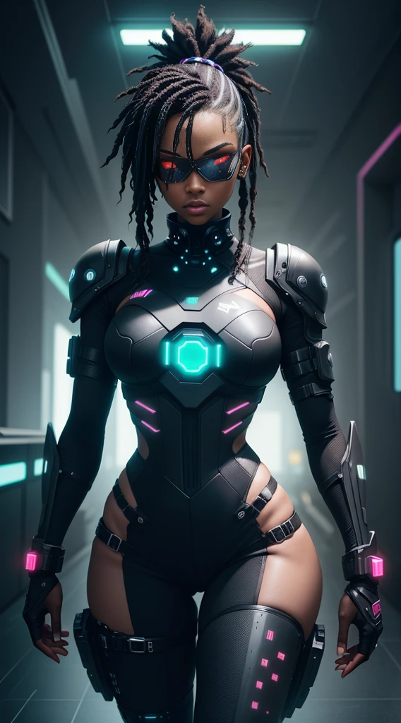 Cyberpunk style, ebony avatar, cyberspace, wireframe, matrix, tron, minimal, abstract, virtual reality, black background, neon lights, virtual interface, looking at camera, (ebony), dreads, sexy, thic, vr headset
