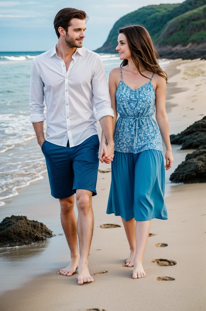 couple walking hand in hand on a beach front her brunette with blue eyes romantic film style