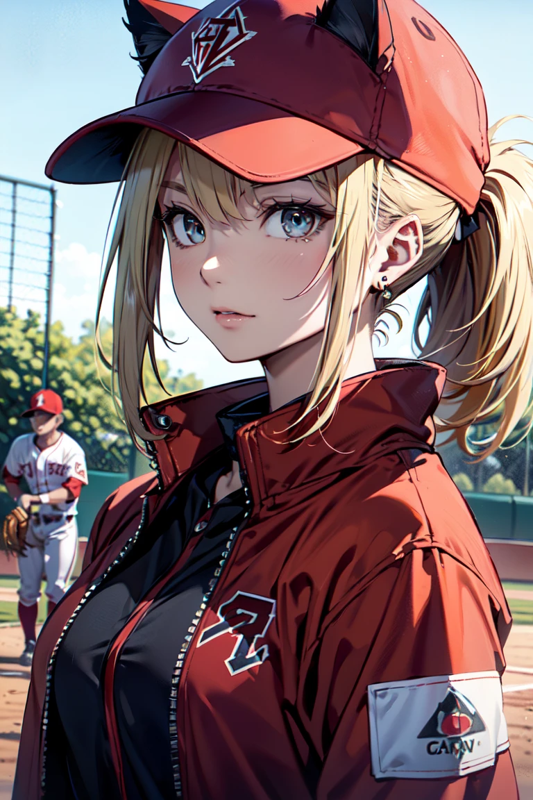 ((At the baseball field with the cat)),((Cat ears)), ((Sleeveless)),((Wine Red Baseball Cap)),((Wearing a wine red baseball uniform))、((Red jacket))、 Blonde Hair, 短めponytail, (Blonde Hair, short,ponytail), Pale blue eyes,Closed Mouth、Hoop Earrings, Jewelry,(Best Quality, 8k, Oil painting, Mastepiece:1.2), Super detailed, (Realism, It&#39;s photorealistic:1.37), (((Bust Shot))),bunny ears pose