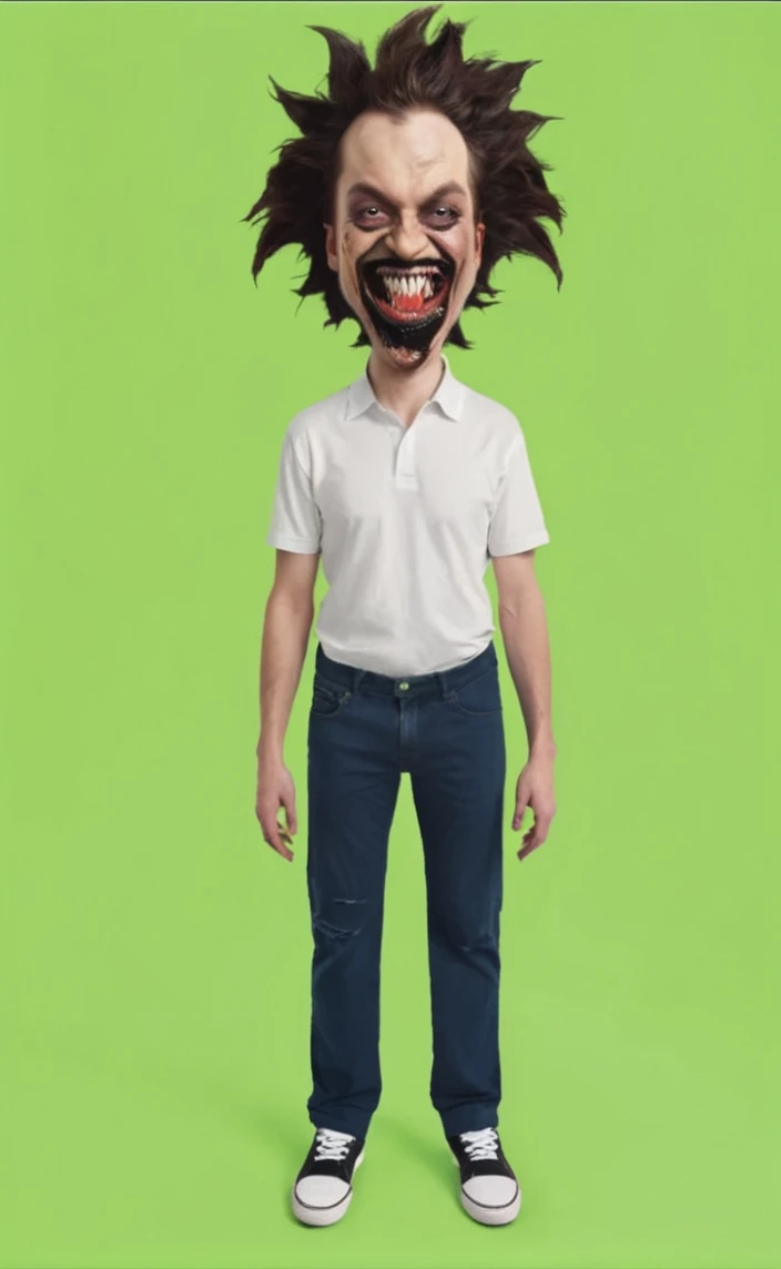 Reproduce this realistic tall photo,transform this man with venom smile,pale skin,torn outfit,red eyes