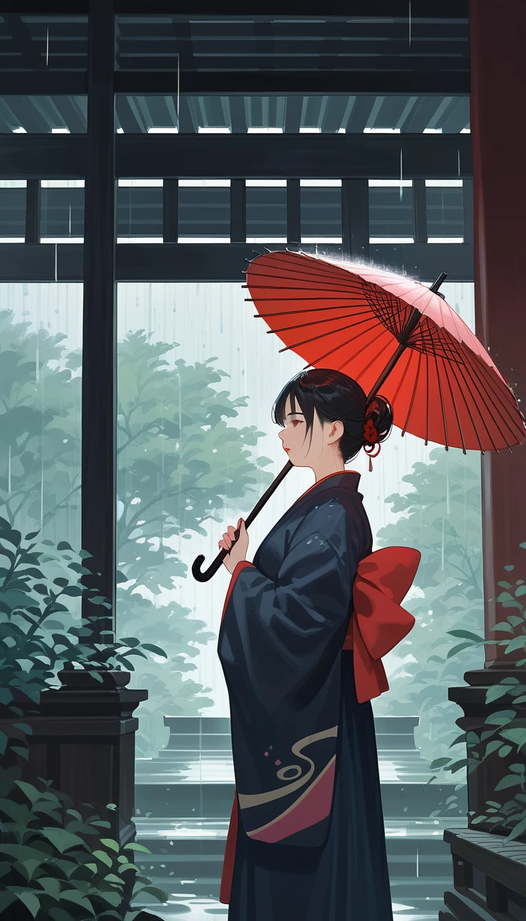 score_9, score_8_up, score_7_up, source_anime, detailed, 8k, cinematic angle, rating safe, wide shot, A woman in kimono holding an umbrella stands in a Japanese garden in the rain.