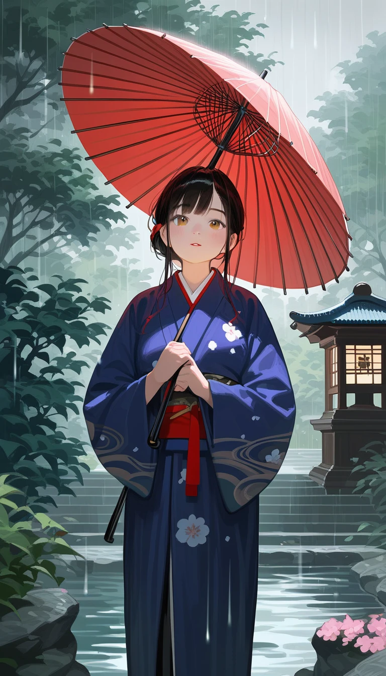 score_9, score_8_up, score_7_up, source_anime, detailed, 8k, cinematic angle, rating safe, wide shot, A woman in kimono holding an umbrella stands in a Japanese garden in the rain. 