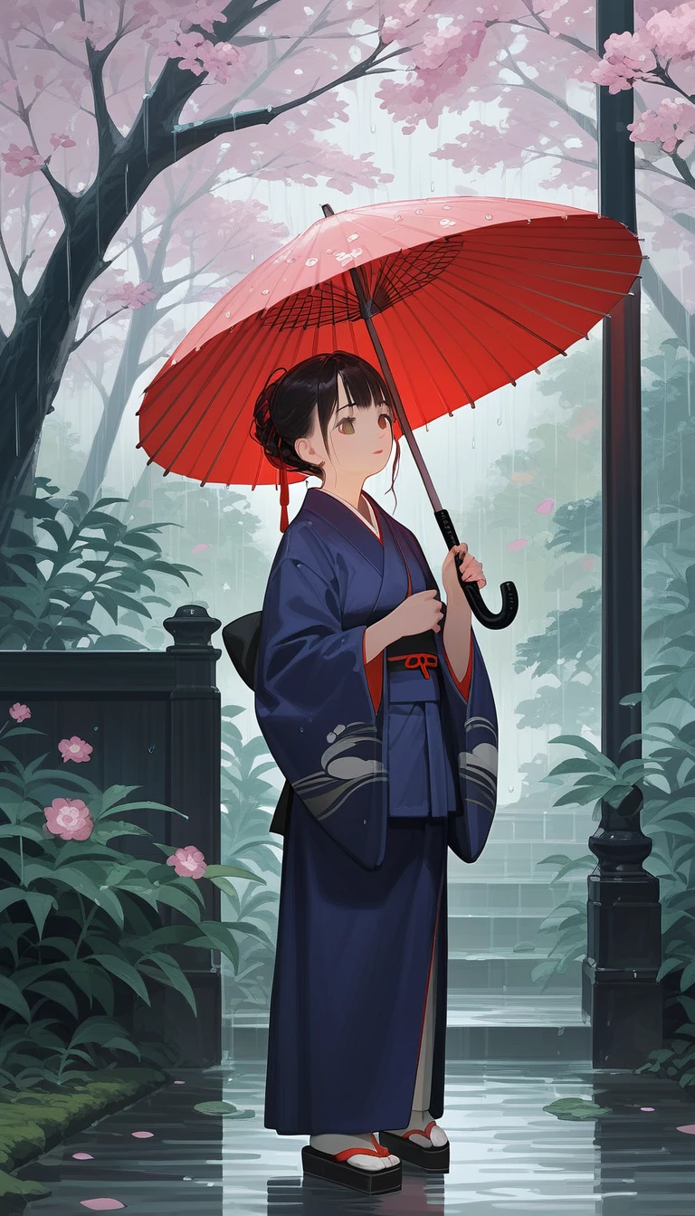score_9, score_8_up, score_7_up, source_anime, detailed, 8k, cinematic angle, rating safe, wide shot, A woman in kimono holding an umbrella stands in a Japanese garden in the rain.