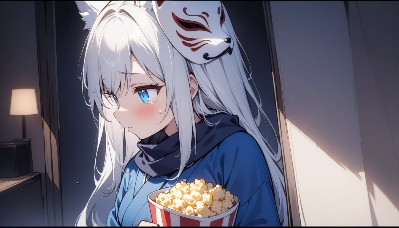 profile、cry、Eating popcorn and watching a movie、Watch videos、(masterpiece, best quality:1.2), 1girl, 独奏,Wolf girl, fox mask, ninja, girl, long white hair, odd eyes, blue kimono, ninja girl, red and blue scarf,, light coming in, fantastic atmosphere.night、Shadows of light and darkness、Eyes glowing in the dark、Black fox mask、、long hair that spreads、Glued to the screen