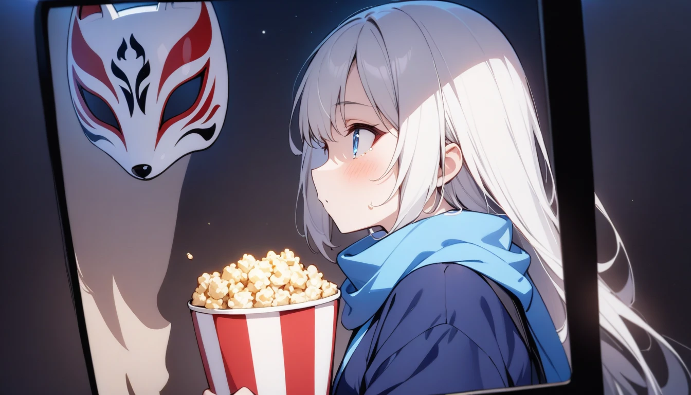profile、cry、Eating popcorn and watching a movie、Watch videos、(masterpiece, best quality:1.2), 1girl, 独奏,Wolf girl, fox mask, ninja, girl, long white hair, odd eyes, blue kimono, ninja girl, red and blue scarf,, light coming in, fantastic atmosphere.night、Shadows of light and darkness、Eyes glowing in the dark、Black fox mask、、long hair that spreads、Glued to the screen