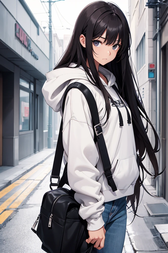 

"Create an illustration of a young woman with long, dark hair, wearing an oversized hoodie and carrying a backpack. The background should be a solid, light color, emphasizing the character's modern, casual style. She should have a calm, contemplative expression, and the overall aesthetic should be clean and minimalistic."