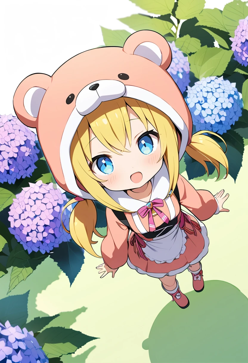 1girl,deltamon_beta, solo, (eyes highlight,((upturned eyes)),((Angle from above:1.3)),from above、Looking at camera,
BREAK short twintails ,blonde hair,((idol)),((,Maid)),((chibi,loli(((hydrangea:1.2),a lot of flowers)),(bear full body costume Kigurumi:1.3)