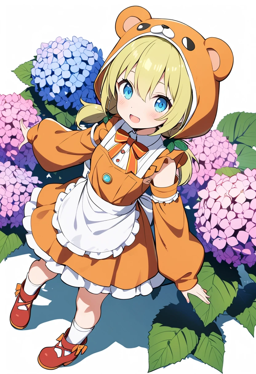 1girl,deltamon_beta, solo, (eyes highlight,((upturned eyes)),((Angle from above:1.3)),from above、Looking at camera,
BREAK short twintails ,blonde hair,((idol)),((loli,Maid)),((chibi,loli)), (((hydrangea:1.2),a lot of flowers)),(bear full body costume Kigurumi:1.3)