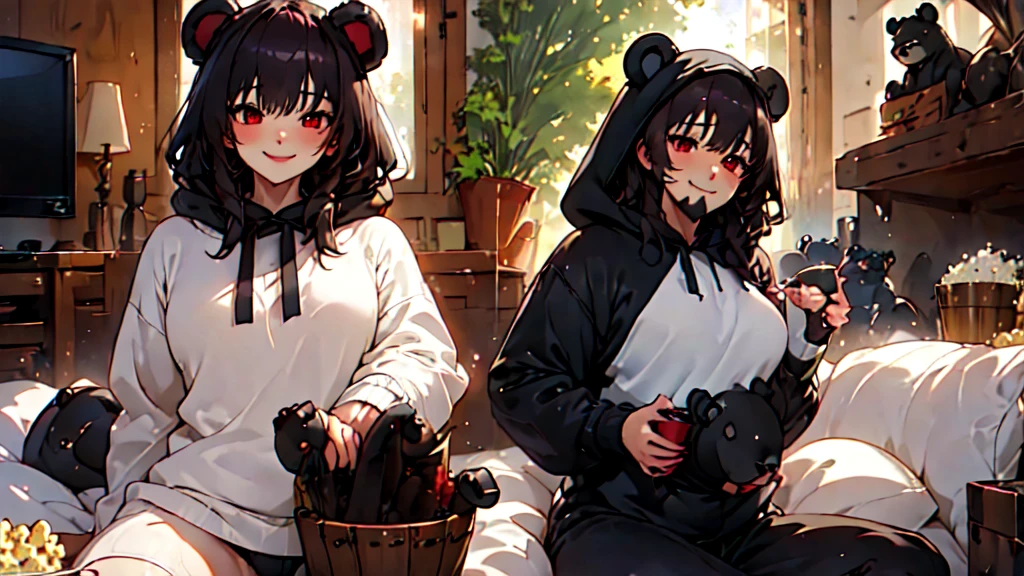 beautiful, (Masterpiece), Best Quality, (extremely detailed face), extremely detailed eyes, perfect lighting, General detail,(junkotvv) detailed, deep skin,textured skin,
,Bear costume ,black Bear costume, long sleeves, hood up,,mauve , long black fur, Red eyes, big smile,in bed ,sitting between pillows, with a bucket of Popcorn, a television in front
,