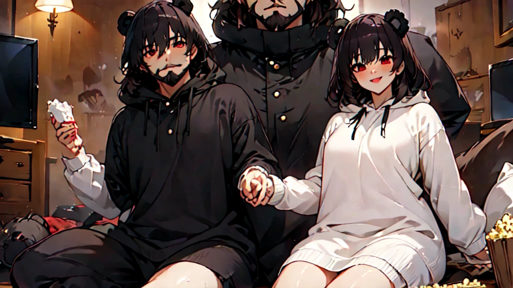 beautiful couple of man and woman (junkotvv and neocruz brown eyes and beard), (Masterpiece), Best Quality, (extremely detailed face), extremely detailed eyes,  perfect lighting, General detail,(junkotvv) detailed, deep skin,textured skin,
,Bear costume ,black Bear costume, long sleeves, hood up,,mauve , long black fur, Red eyes, big smile,in bed ,sitting between pillows, with a bucket of Popcorn, a television in front 
,