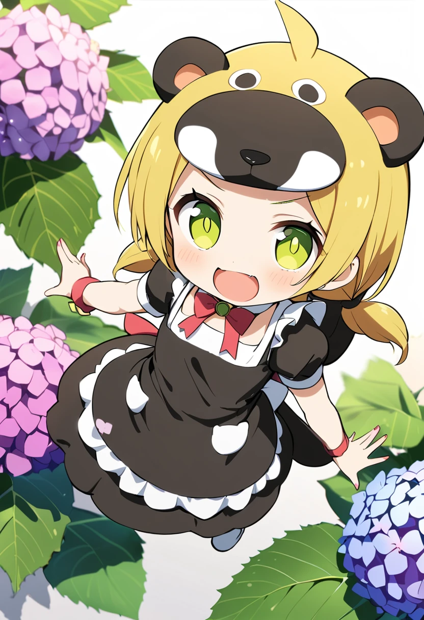 1girl,deltamon_beta, solo, (eyes highlight,((upturned eyes)),((Angle from above:1.3)),from above、Looking at camera,
BREAK short twintails ,blonde hair,((idol)),((loli,Maid)),((chibi,loli)), (((hydrangea:1.2),a lot of flowers)),(bear full body costume Kigurumi:1.3)