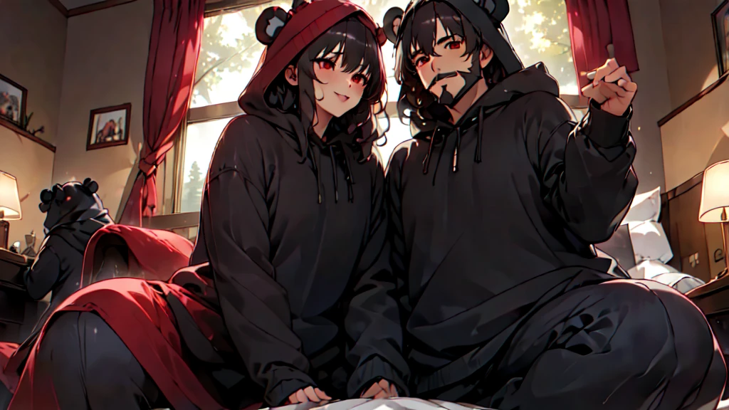 beautiful couple of man and woman (junkotvv and neocruz brown eyes and beard), (Masterpiece), Best Quality, (extremely detailed face), extremely detailed eyes,  perfect lighting, General detail,(junkotvv) detailed, deep skin,textured skin,
,Bear costume ,black Bear costume, long sleeves, hood up,,mauve , long black fur, Red eyes, big smile,in bed ,sitting between pillows, with a bucket of Popcorn, a television in front 
,