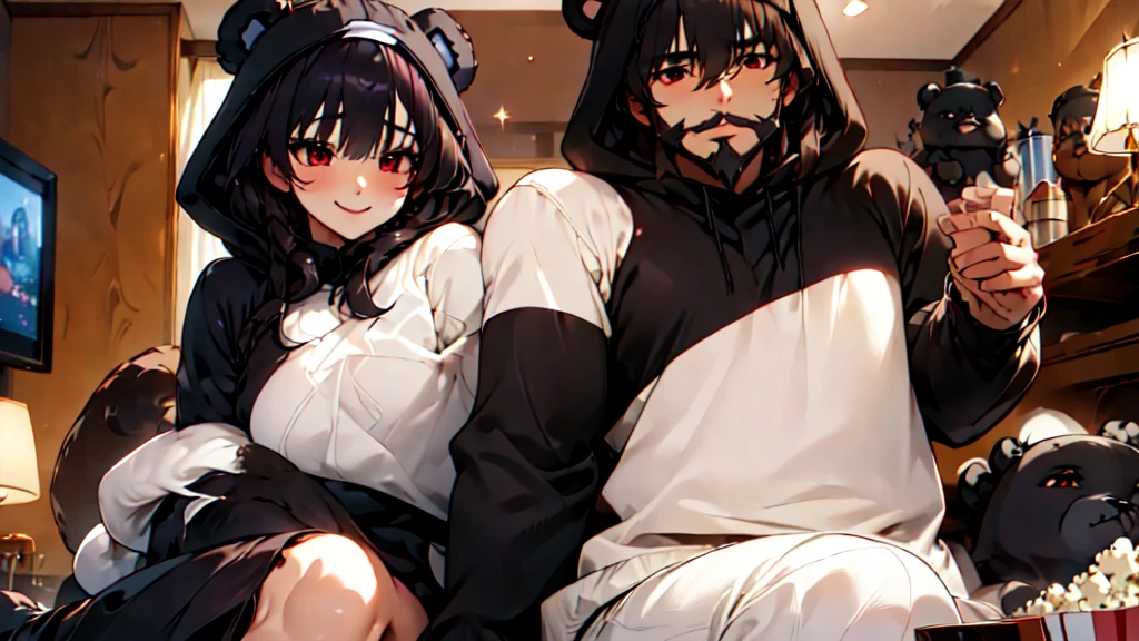 beautiful couple of man and woman (junkotvv and neocruz brown eyes and beard), (Masterpiece), Best Quality, (extremely detailed face), extremely detailed eyes,  perfect lighting, General detail,(junkotvv) detailed, deep skin,textured skin,
,Bear costume ,black Bear costume, long sleeves, hood up,,mauve , long black fur, Red eyes, big smile,in bed ,sitting between pillows, with a bucket of Popcorn, a television in front 
,
