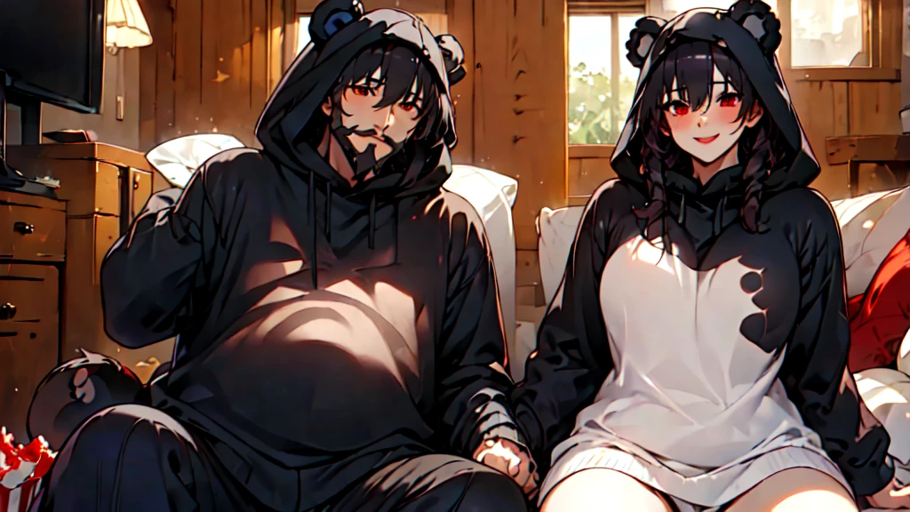 beautiful couple of man and woman (junkotvv and neocruz brown eyes and beard), (Masterpiece), Best Quality, (extremely detailed face), extremely detailed eyes, perfect lighting, General detail,(junkotvv) detailed, deep skin,textured skin,
,Bear costume ,black Bear costume, long sleeves, hood up,,mauve , long black fur, Red eyes, big smile,in bed ,sitting between pillows, with a bucket of Popcorn, a television in front
,