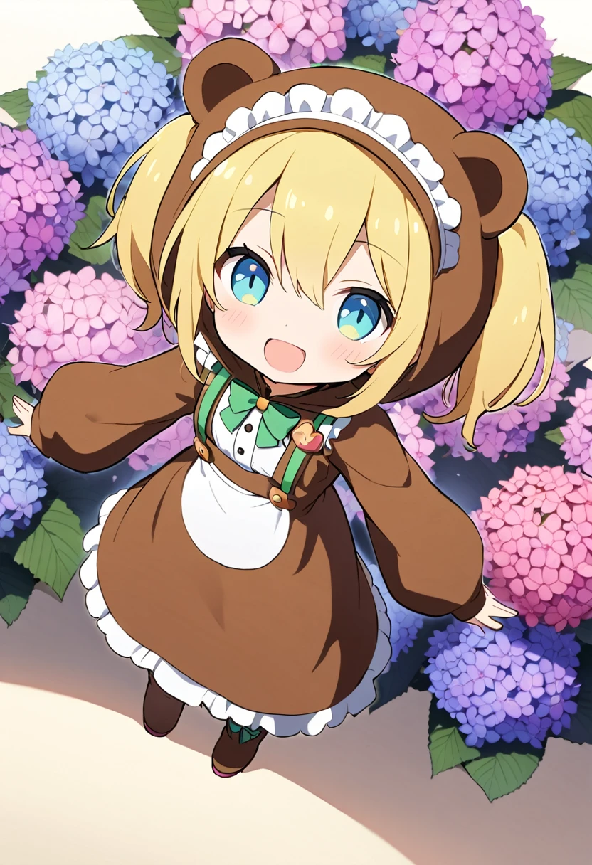 1girl,deltamon_beta, solo, (eyes highlight,((upturned eyes)),((Angle from above:1.3)),from above、Looking at camera,
BREAK short twintails ,blonde hair,((idol)),((,Maid)),((chibi,loli(((hydrangea:1.2),a lot of flowers)),(bear full body costume Kigurumi:1.3)