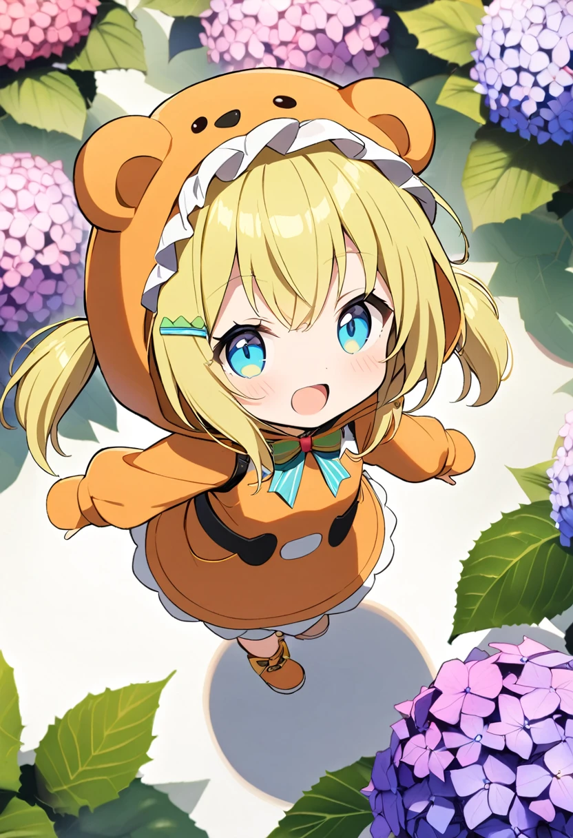 1girl,deltamon_beta, solo, (eyes highlight,((upturned eyes)),((Angle from above:1.3)),from above、Looking at camera,
BREAK short twintails ,blonde hair,((idol)),((loli,Maid)),((chibi,loli)), (((hydrangea:1.2),a lot of flowers)),(bear full body costume Kigurumi:1.3)