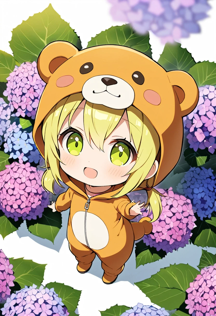 1girl,deltamon_beta, solo, (eyes highlight,((upturned eyes)),((Angle from above:1.3)),from above、Looking at camera,
BREAK short twintails ,blonde hair,((idol)),((loli,Maid)),((chibi,loli)), (((hydrangea:1.2),a lot of flowers)),(bear full body costume Kigurumi:1.3)