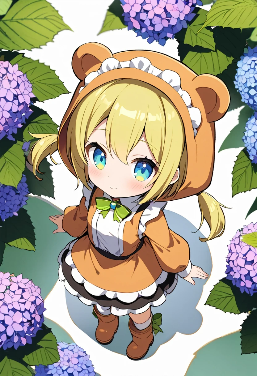 1girl,deltamon_beta, solo, (eyes highlight,((upturned eyes)),((Angle from above:1.3)),from above、Looking at camera,
BREAK short twintails ,blonde hair,((idol)),((loli,Maid)),((chibi,loli)), (((hydrangea:1.2),a lot of flowers)),(bear full body costume Kigurumi:1.3)