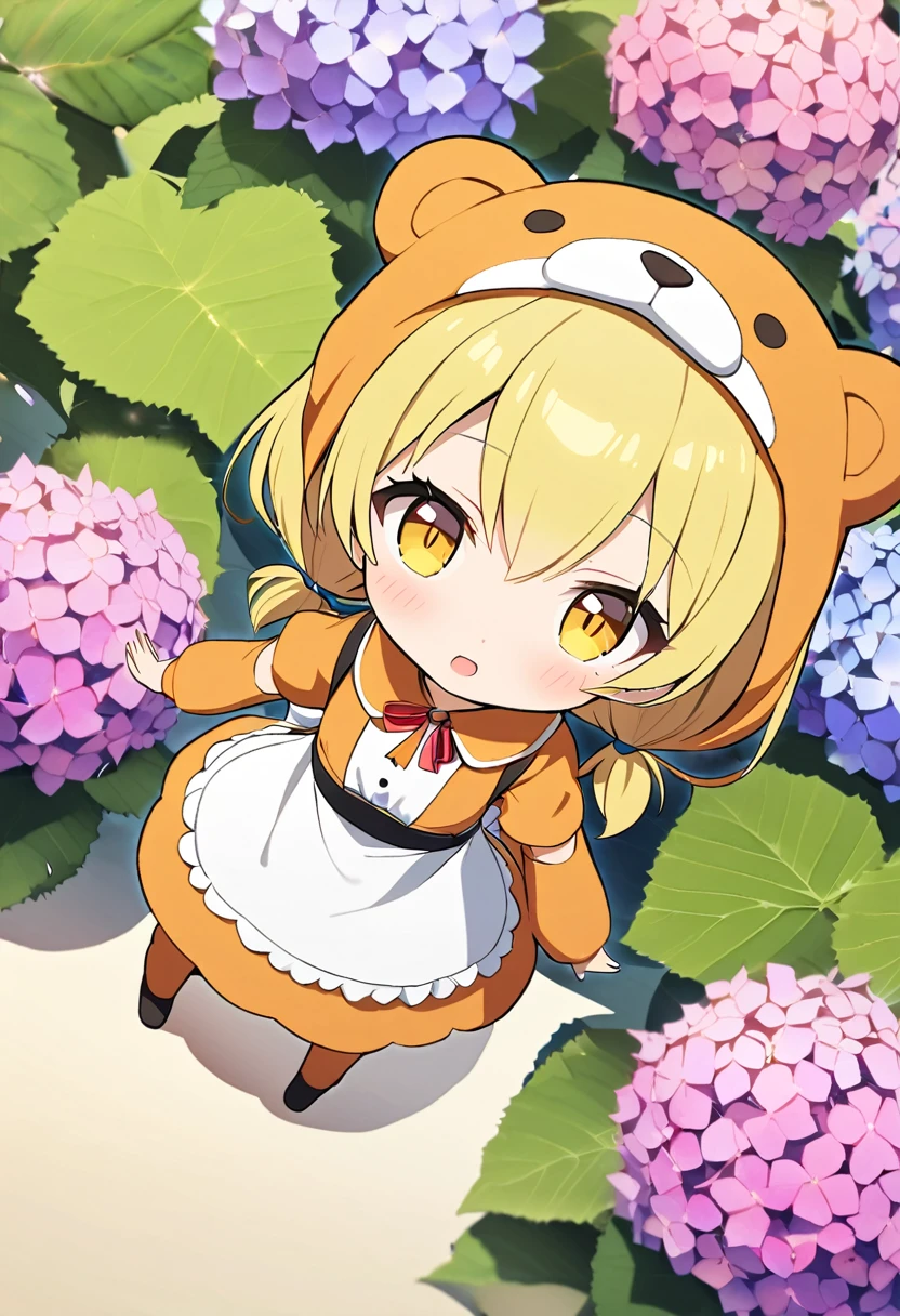 1girl,deltamon_beta, solo, (eyes highlight,((upturned eyes)),((Angle from above:1.3)),from above、Looking at camera,
BREAK short twintails ,blonde hair,((idol)),((loli,Maid)),((chibi,loli)), (((hydrangea:1.2),a lot of flowers)),(bear full body costume Kigurumi:1.3)
