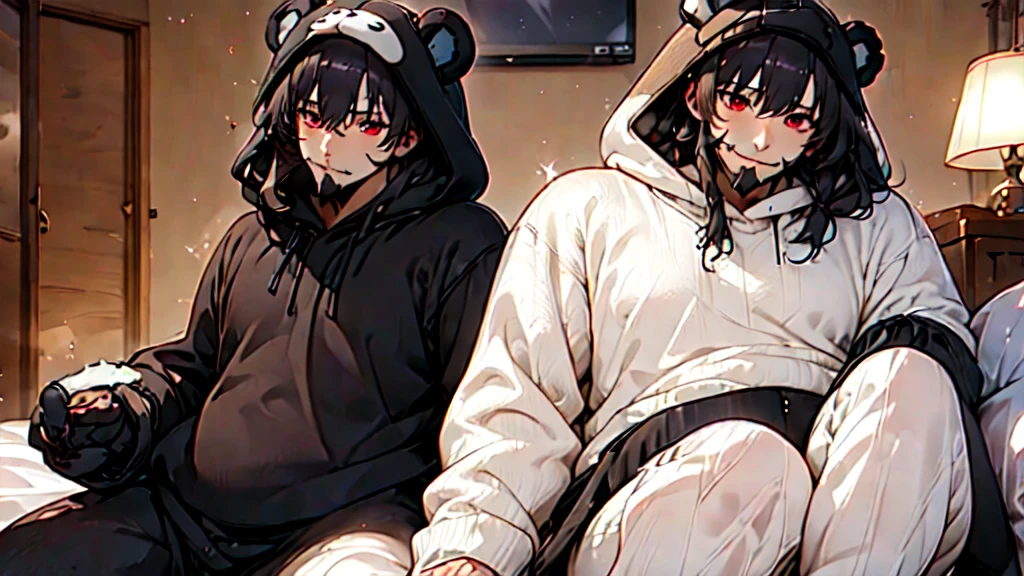 beautiful couple of man and woman (junkotvv and neocruz brown eyes and beard), (Masterpiece), Best Quality, (extremely detailed face), extremely detailed eyes, perfect lighting, General detail,(junkotvv) detailed, deep skin,textured skin,
,Bear costume ,black Bear costume, long sleeves, hood up,,mauve , long black fur, Red eyes, big smile,in bed ,sitting between pillows, with a bucket of Popcorn, a television in front
,