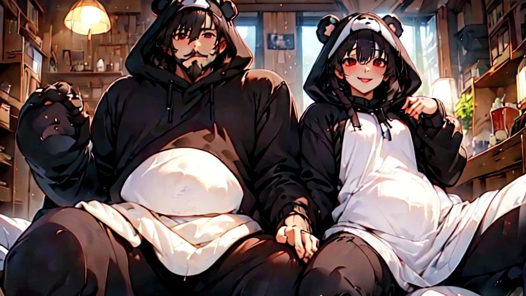 beautiful couple of man and woman (junkotvv and neocruz brown eyes and beard), (Masterpiece), Best Quality, (extremely detailed face), extremely detailed eyes,  perfect lighting, General detail,(junkotvv) detailed, deep skin,textured skin,
,Bear costume ,black Bear costume, long sleeves, hood up,,mauve , long black fur, Red eyes, big smile,in bed ,sitting between pillows, with a bucket of Popcorn, a television in front 
,