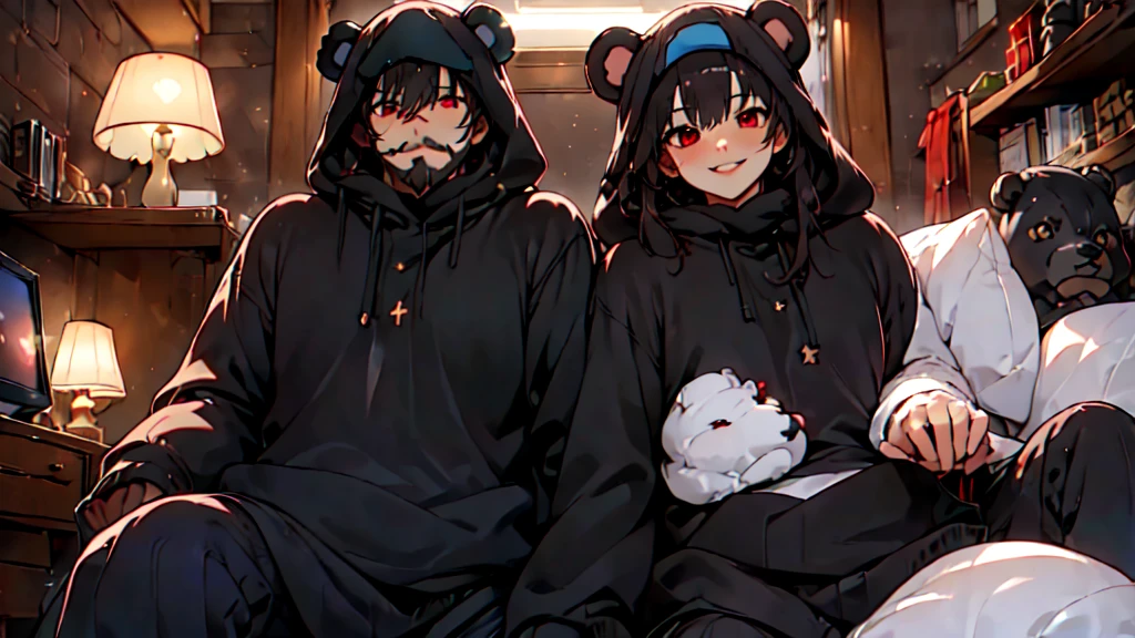 beautiful couple of man and woman (junkotvv and neocruz brown eyes and beard), (Masterpiece), Best Quality, (extremely detailed face), extremely detailed eyes, perfect lighting, General detail,(junkotvv) detailed, deep skin,textured skin,
,Bear costume ,black Bear costume, long sleeves, hood up,,mauve , long black fur, Red eyes, big smile,in bed ,sitting between pillows, with a bucket of Popcorn, a television in front
,