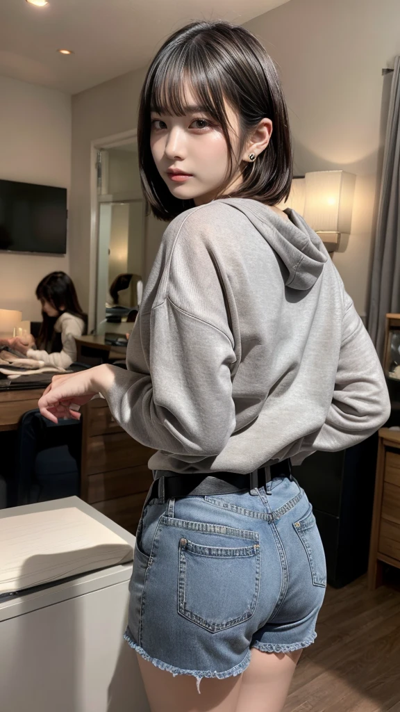 (((Sit with your feet aligned on the toilet bowl:1.8, Wear panties in the knee position:1.8, The lower part of the body is bare:1.8, Sweatshirt:1.5))), ((Toilet in a private room:1.5)), 1girl in, 独奏, 18year old, 7headed body, Ideal ratio body proportions, erectile nipple, short-hair, A dark-haired, With bangs, small tits, A slender, Small buttocks, beauty legs, Skinny Legs, surrealism, Cinematic lighting, depth of fields, One-person viewpoint, F/1.8, 135 mm, nffsw, masutepiece, ccurate, ((Anatomically correct:1.3)), Textured skin, Super Detail, high details, High quality, awardwinning, Best Quality, hight resolution, 8K