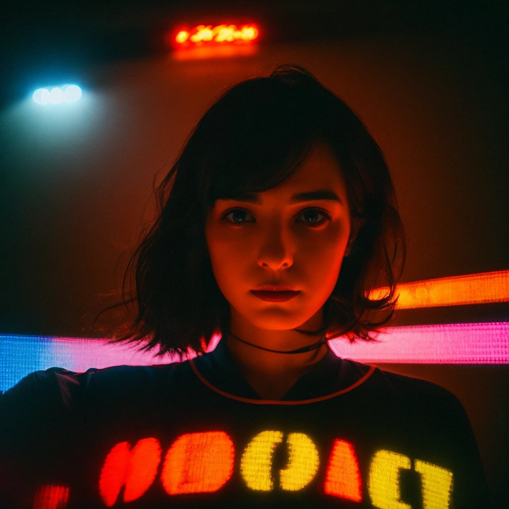 full-length shot a unique photography with light and painting, german flag painting colors on the face, a cute readhead german women, she is wearing German soccer jersey, dynamic pose, The Face behind a reflected Glass, floating hair, red and orange neon lighting, pointillism painting, sporting angle shot style, Ultra highly detailed, realistic skin, neon sign glow room, dark moody, shot by sony a9 with wide lens, Realistic photography by Arnau Mas