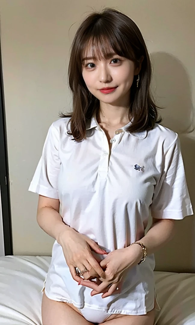.(((In the bedroom、Luxurious panties、Seductive waist、Shoulder-length hair:1.4))).((A classy white shirt with a collar、Standing photo、Medium Hair、服の上からでもわかるBig Breasts、Both hands are in front of the belly button、A photo of panties visible through a short polo shirt、Roll up your shirt with your hands、She is wearing a white polo shirt and luxurious white panties.、:1.4))、In the living room、Cream Hair Color、Her huge breasts are obvious even through her clothes...、Small earrings、Light brown hair color、:1.4))、Shiny Hair、Light beige hair color、Background Blur、Light brown hair、{{Cowgirl Shot}}、((Close-up shot from the waist up、Big Breasts:1.4))、Big Breasts、にっこりsmile、服からでも分かるBig Breasts、Cowboy Shot、素敵なsmile、((Revealing clothing))、Full body photo、ring、Tuck your hair behind one ear、Silver Necklace、smile、Caustics、Highly detailed photos、Big Breasts、Super no makeup、(8K、RAW Photos、Highest quality、masterpiece:1.2)、(Realistic、Realistic)、1 Girl、((Big Breastsショートヘア、Looking into the camera:1.4))、Hair blowing in the wind