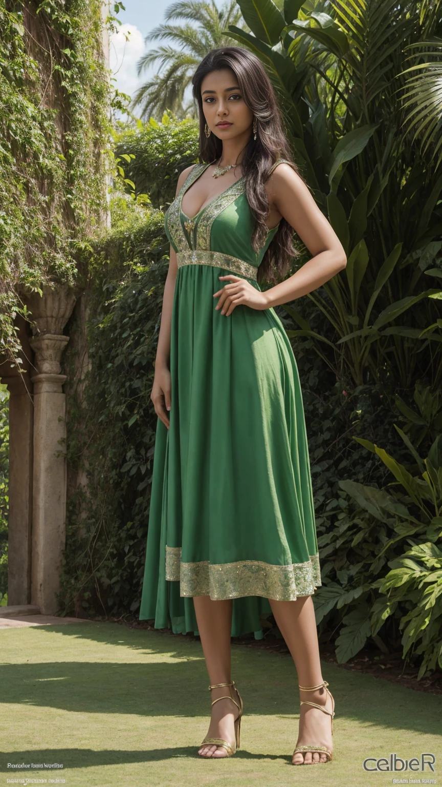 anusha baskar in a green dress posing for the camera, she is the center of the garden, the garden of eden, ancient garden behind her, beautiful eden garden, enchanted garden, the extremely hot and sexy, the emerald herald in the garden, sexy movie photo, in the garden, in the garden of eden, very attractive and beautiful, giant stunning goddess shot