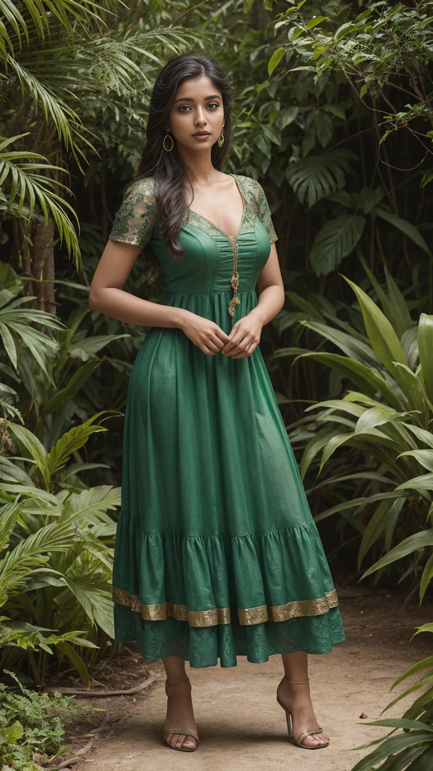 anusha baskar in a green dress posing for the camera, she is the center of the garden, the garden of eden, ancient garden behind her, beautiful eden garden, enchanted garden, the extremely hot and sexy, the emerald herald in the garden, sexy movie photo, in the garden, in the garden of eden, very attractive and beautiful, giant stunning goddess shot