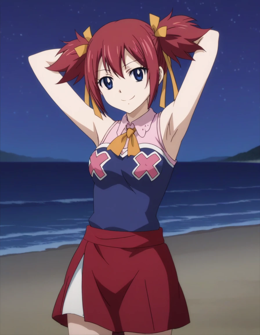 chelia_blendy, source_anime, rating_safe, intricate details, anime screencap, anime coloring, 1girl, solo, red hair, blue eyes, ribbon, hair ribbon, twintails, short twintails, looking at viewer, solo, contrapposto, spread armpit, arms behind head, smile, looking at viewer, (cowboy shot:1.5), closed mouth, night sky, beach, high quality,