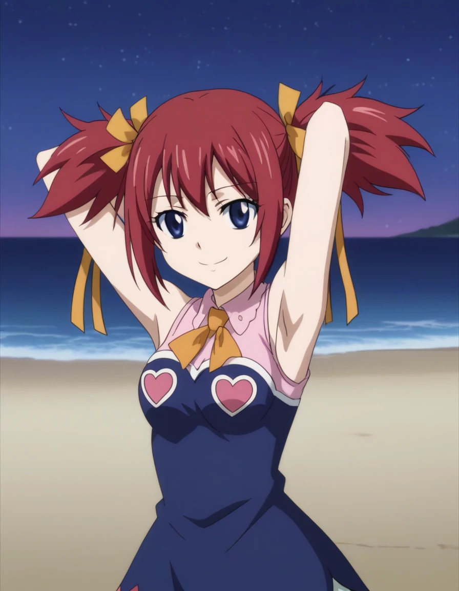 chelia_blendy, source_anime, rating_safe, intricate details, anime screencap, anime coloring, 1girl, solo,  red hair, blue eyes, ribbon, hair ribbon, twintails, short twintails, looking at viewer, solo, contrapposto, spread armpit, arms behind head, smile, looking at viewer, (cowboy shot:1.5), closed mouth, night sky, beach, high quality,