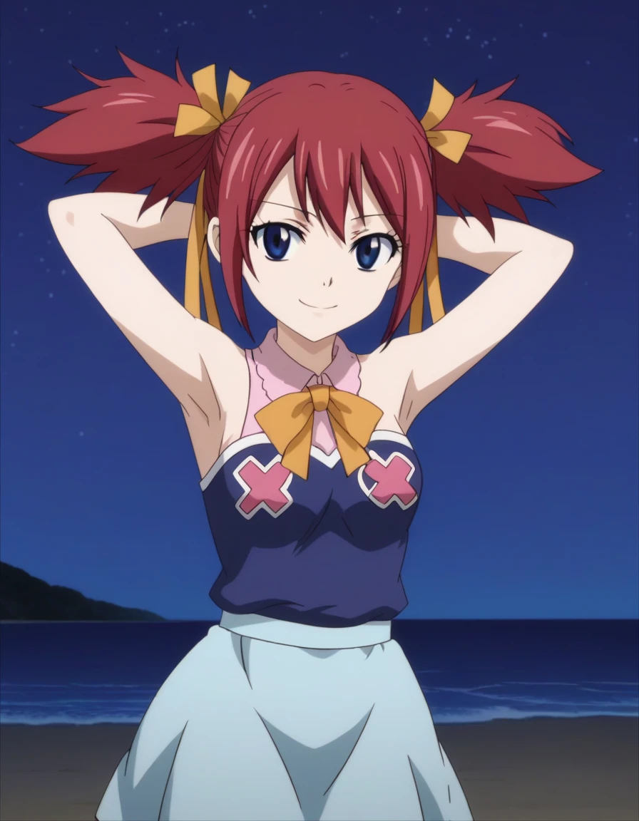 chelia_blendy, source_anime, rating_safe, intricate details, anime screencap, anime coloring, 1girl, solo, red hair, blue eyes, ribbon, hair ribbon, twintails, short twintails, looking at viewer, solo, contrapposto, spread armpit, arms behind head, smile, looking at viewer, (cowboy shot:1.5), closed mouth, night sky, beach, high quality,