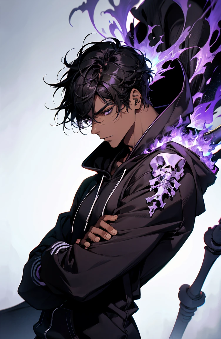 good looking, alone, male, short hair,, Black Hair, Blue eyes, Black Shirt, Black Pants, Black Coat, Purple Flame,Holding a dagger in his hand