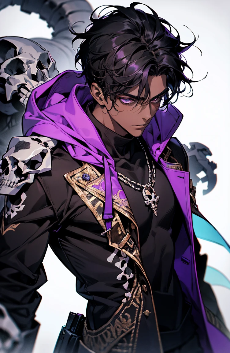 male with bones, looking away from camera, skulls, bones, handsome, black, dark skin, tall, broad shoulders, black hair, purple, purple fire, magic, detailed face, fantasy, hoodie
