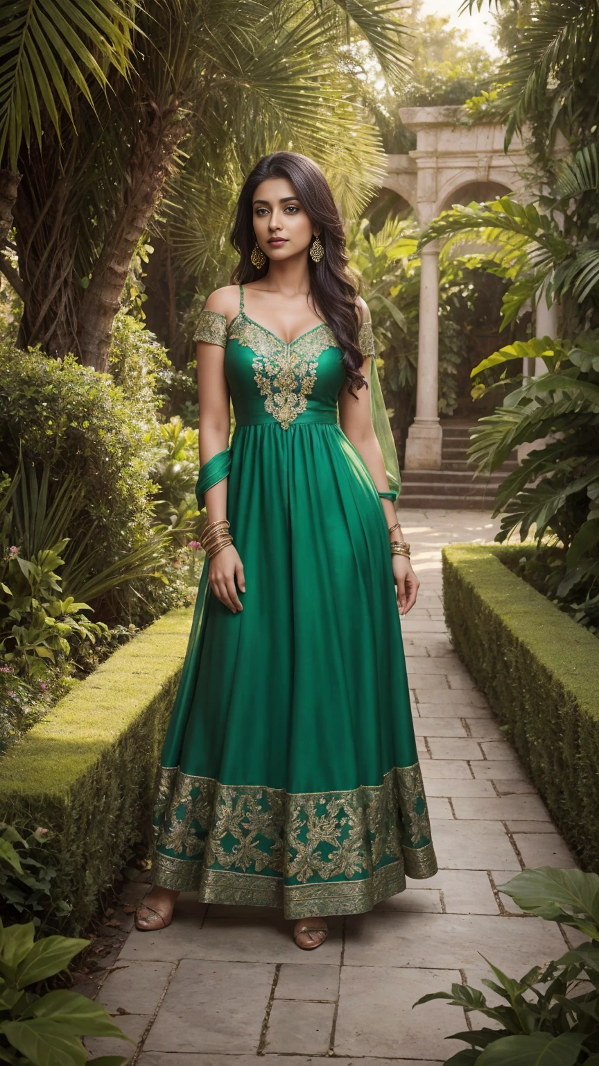 anusha baskar in a green dress posing for the camera, an album cover by Ignacio Zuloaga, trending on cg society, fantasy art, she is the center of the garden, the garden of eden, ancient garden behind her, beautiful eden garden, enchanted garden, the extremely hot and sexy, the emerald herald in the garden, sexy movie photo