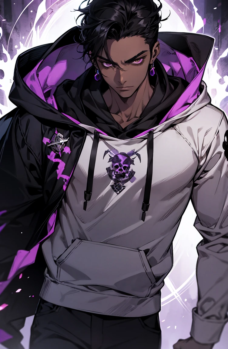 male with bones, looking away from camera, skulls, bones, handsome, black, dark skin, tall, broad shoulders, black hair, purple, purple fire, magic, detailed face, fantasy, hoodie