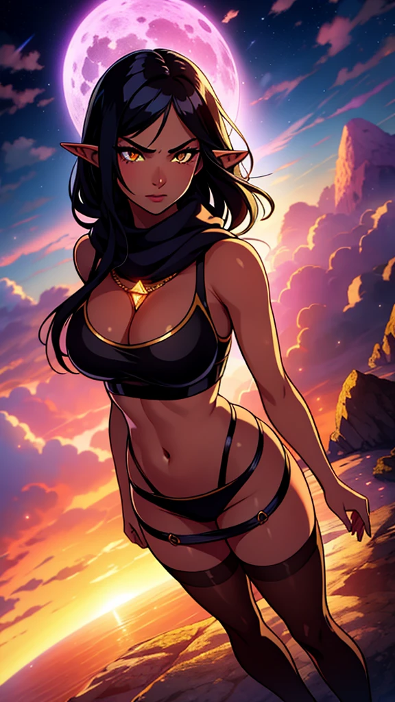 ((1girl,solo,mature female,tall)),big breasts,long hair, black hair,angry expression,horns,elf ears,black scarf,cleavage,(((dark skin))),((black sports bra, midriff)),(((black pantyhoses))),HDR, Masterpiece, (RAW photo, best quality), light shining through prism, ethereal, Volumetric lighting, Cycles rendering, Unreal Engine 5, eye_shadow, shining_pupil, steaming body, Particle effect, (dust, gust of wind:1.07), complex, ultra detailed, photorealistic, 8k, anatomically accurate, High Resolution, Retina, Professional photograph, Orange Sunshine, gold filigree , natural, cinematic, post_combat, high contrast, HDR, RAW image, High Quality, Masterpiece, Beautiful Woman, (Standing Over viewer), intimidating, seductive, dominant, diamond rain, twinkle in her eyes, chandelier outfit, Outdoors, Rainbow sunshine, Glory\(Optical Phenomenon\), bliss, phenomenal lighting, offerings, sacred, truth, skintight dress, robes, goddess, gold nano particles, angelic, strong, desire, juicy thighs, complexion, ((LSD)), will o wisp, high contrast, from above, ((best quality)), ((masterpiece)), (detailed), (fantasy illustration:1.3), (high-resolution:1.2), volumetric lighting BREAK alluring woman, ethereal beauty, (perched on a cloud), otherworldly charm, enchanting gaze, captivating pose, moonlit night, soft colors, (detailed cloudscape:1.3), ocean, city, eagle