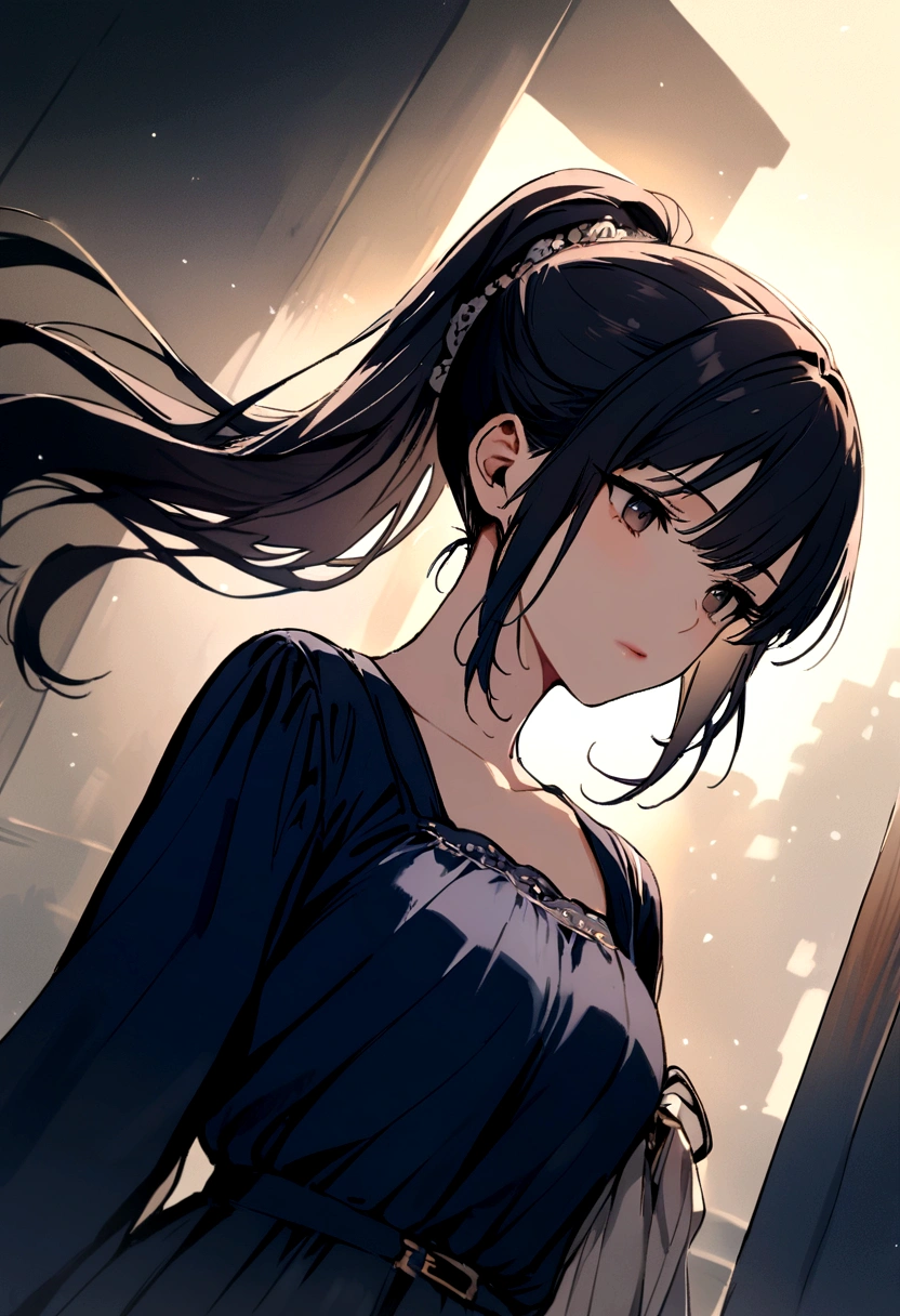 A woman wearing a navy dress、20-year-old、ponytail