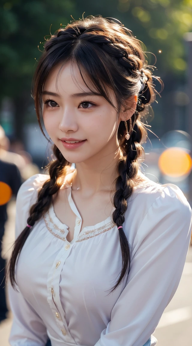 Highest quality, Realistic, 1peopleの女の子, woman,(Skin Dentition), Mid-chest, (bright), (Professional Lighting, Bokeh), (street), people々, crowd, Braided bangs, (blouse:1.5), (I wore:0.8), nice, bloom, Floating Hair, (Dynamic pose:0.6) , Soft lighting, ,((( She is being made to cum)))