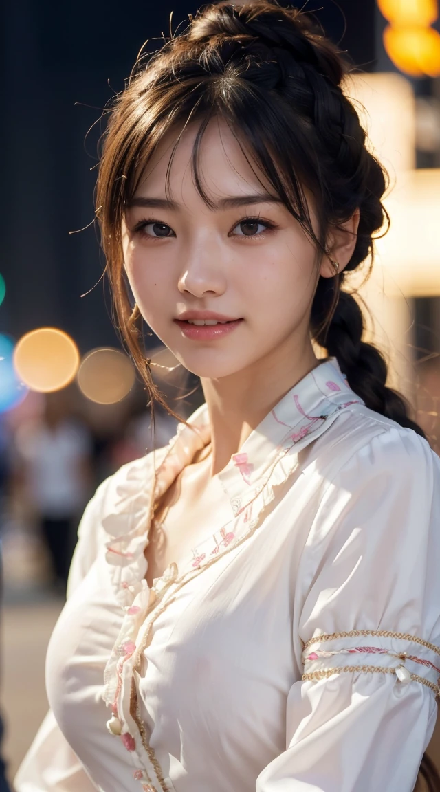 Highest quality, Realistic, 1peopleの女の子, woman,(Skin Dentition), Mid-chest, (bright), (Professional Lighting, Bokeh), (street), people々, crowd, Braided bangs, (blouse:1.5), (I wore:0.8), nice, bloom, Floating Hair, (Dynamic pose:0.6) , Soft lighting, ,((( She is being made to cum)))