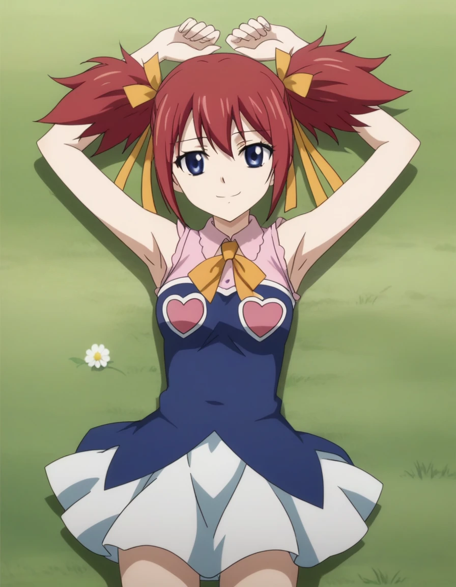 chelia_blendy, source_anime, rating_safe, intricate details, anime screencap, anime coloring, 1girl, solo,  red hair, blue eyes, ribbon, hair ribbon, twintails, short twintails, looking at viewer, high quality, solo, lying, on back, arms up, spread arms, closed mouth, on grass, center, (cowboy shot:1.5), looking at viewer, suggestive smile, best quality