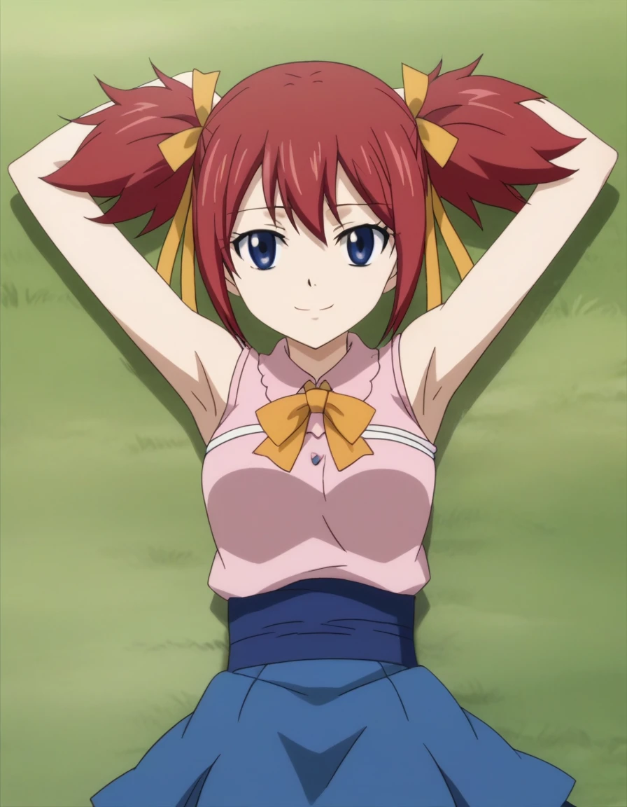 chelia_blendy, source_anime, rating_safe, intricate details, anime screencap, anime coloring, 1girl, solo,  red hair, blue eyes, ribbon, hair ribbon, twintails, short twintails, looking at viewer, high quality, solo, lying, on back, arms up, spread arms, closed mouth, on grass, center, (cowboy shot:1.5), looking at viewer, suggestive smile, best quality