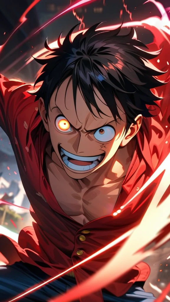  High quality, ,absurdres, highres, ultra detailed, HDR, masterpiece, extremely detailed face and eyes,  Luffy , One Piece,, Black hair ,red shirt, solo, ,man, handsome, ,, Epic fight scene, red splashing effect,red lightning  effect,glowing glitters , 