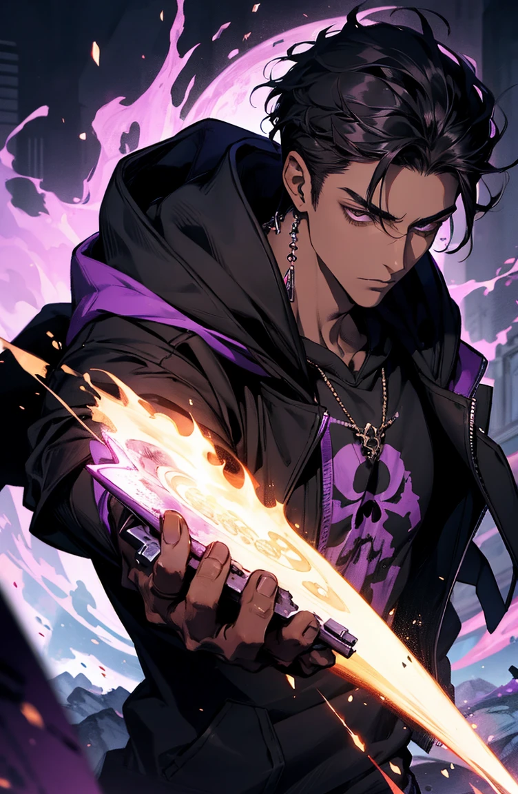 male with bones, looking away from camera, skulls, bones, handsome, black, dark skin, tall, broad shoulders, black hair, purple, purple fire, magic, detailed face, fantasy, hoodie